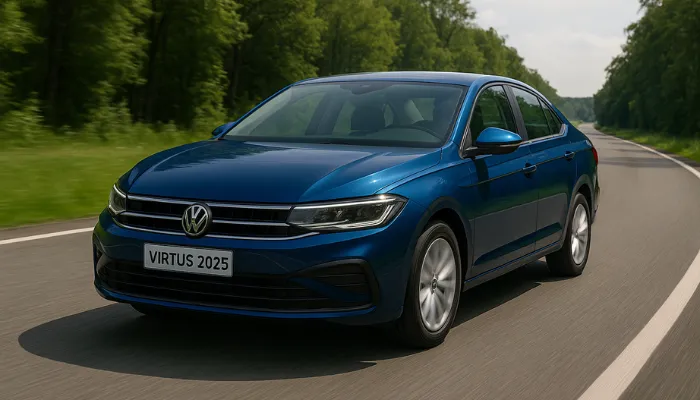 carro azul, na alta estrada representando o que influencia no preço do seguro do virtus