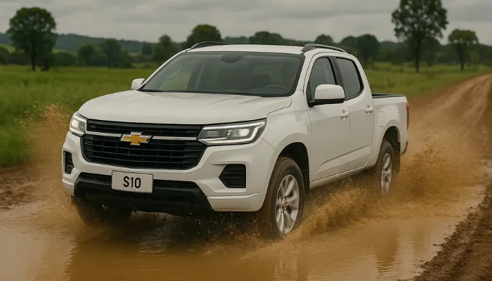 carro branco, passando na poça representando tabela de preços por versão da chevrolet s10