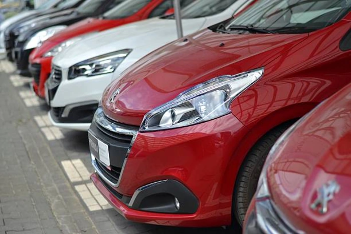 Veículos da Peugeot em fileira. Falando sobre seguro peugeot.