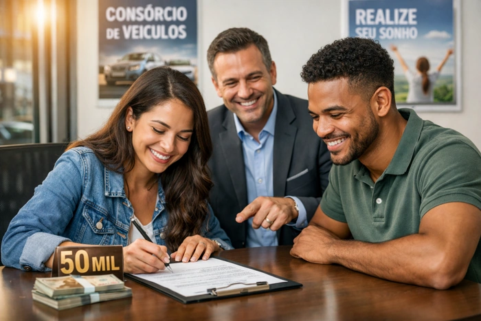 Casal assina contrato de consórcio. Corretor observa. Todos parecem felizes na imagem. Explicando quanto fica a parcela de um consórcio de 50 mil.