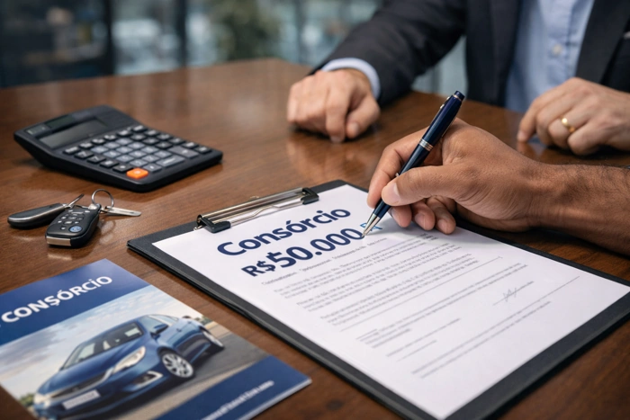 Homem assina contrato de consórcio no valor de 50 mil. Sobre a mesa há uma calculadora, encartes e outros objetos. Há também um outro homem na cena. Explicando quanto fica a parcela de um consórcio de 50 mil.