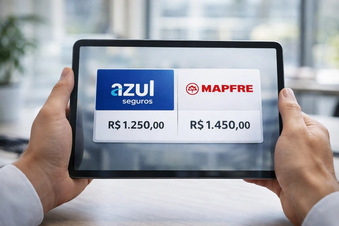 Pessoa segura tablet com símbolos da Azul e da Mapfre, com diferenças de preços. Explicando se a azul seguros é mais cara que a Mapfre.