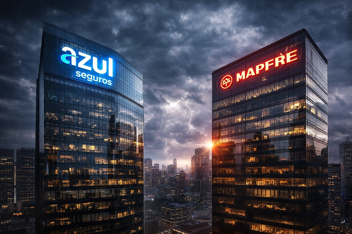 Dois prédios: um com a logo da Azul Seguros, outro com a logo da Mapfre. Explicando se a azul seguros é mais cara que a Mapfre.