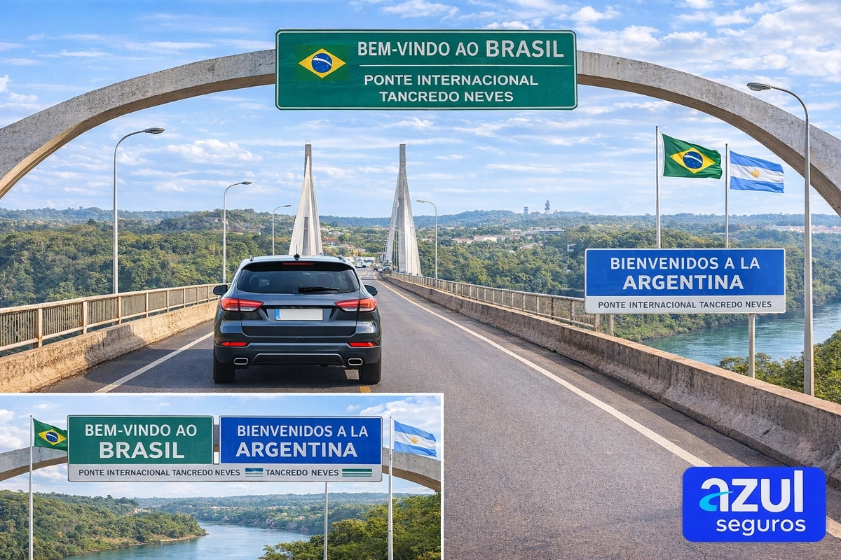 Carro passando a fronteira Brasil-Argentina sobre uma ponte que interliga os dois países. Há placas na imagem. Explicando se a seguradora azul tem cobertura para países do mercosul.