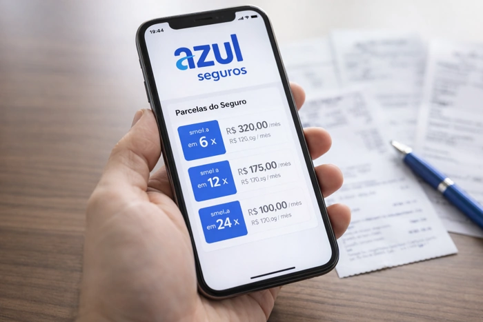 Pessoa segura celular que, na tela, traz informações sobre o parcelamento de seguro da Azul Seguros. Explicando "a azul seguros parcela em quantas vezes o seguro?".