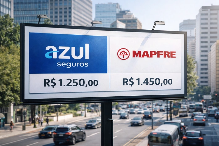 Logos de Azul e Mapfre, com diferença de preços, em um outdoor. Explicando se a azul seguros é mais cara que a Mapfre.