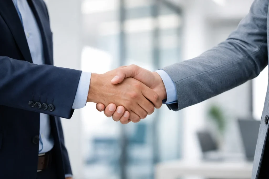 Homem dando as mãos representando: azul seguros seguradora do grupo Porto Seguro.