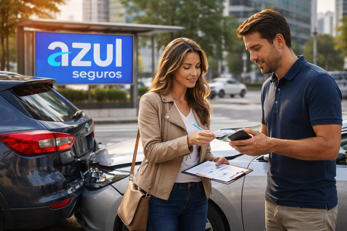 Homem e mulher, que colidiram seus veículos acidentalmente, acionam o seguro Azul para resolver o problema. Explicando: com seguro azul pago franquia a terceiros?