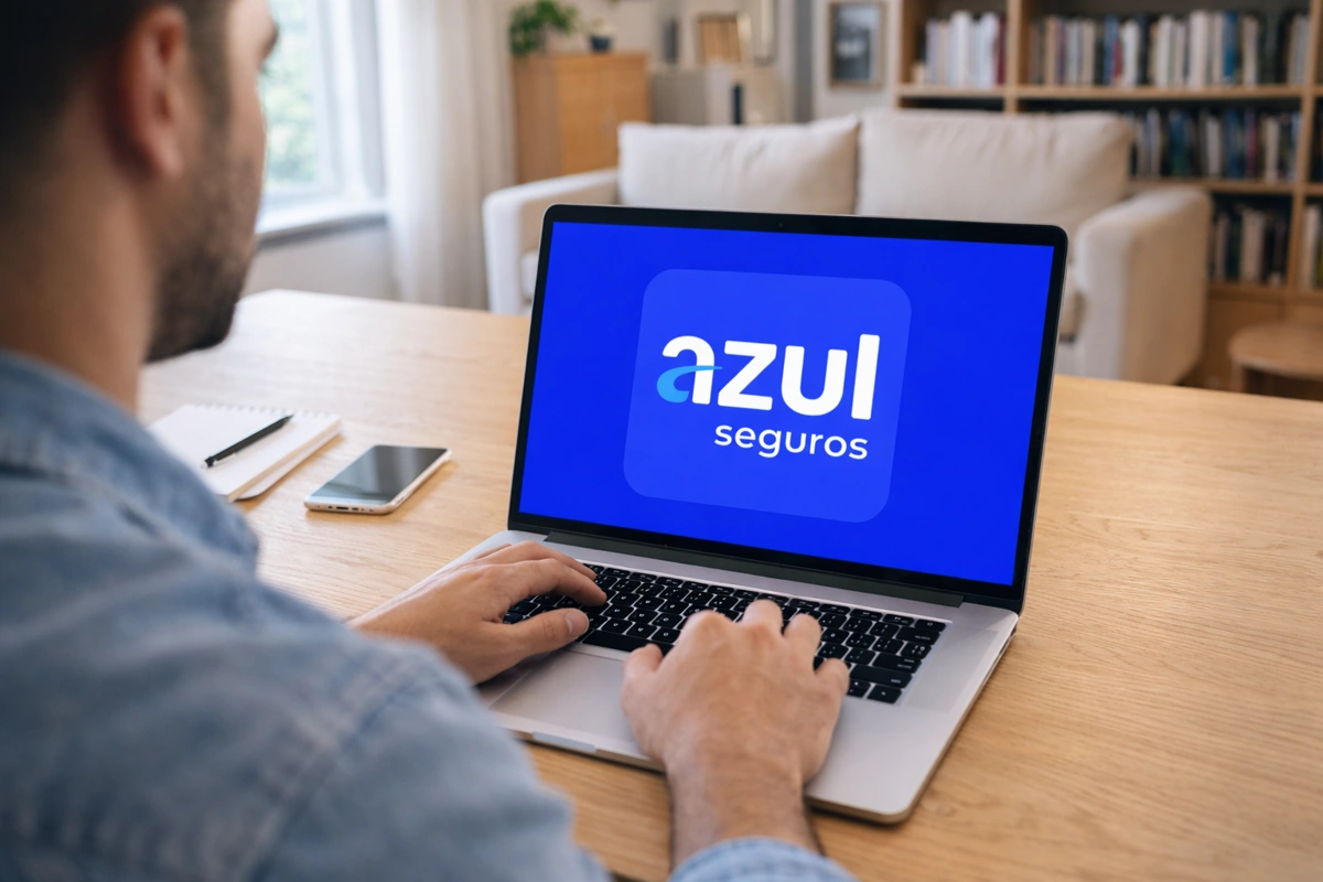 Homem usa notebook que contém o símbolo da Azul Seguros na tela. Ensinando como acionar o seguro azul para terceiros.