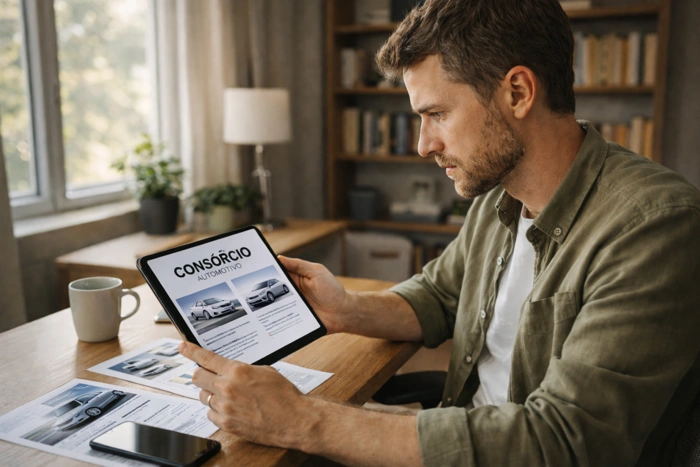 Homem segura tablet onde, na tela, há informações sobre consórcio automotivo. Ele está com expressão séria sentado à mesa. Explicando quanto fica a parcela de um consórcio de 150 mil.