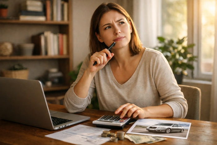 Mulher com expressão pensativa enquanto usa calculadora e notebook, em meio a documentos, algumas cédulas de dinheiro e a foto de um carro. Explicando quanto fica a parcela de um consórcio de 150 mil.