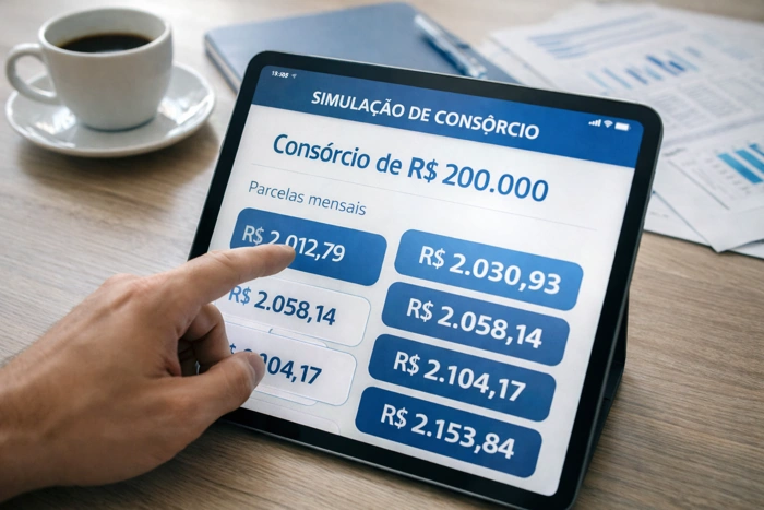 Pessoa seleciona parcela desejada em consórcio de R$ 200 mil. O procedimento é feito em um tablet. Falando sobre quanto fica a parcela de um consórcio de 200 mil.