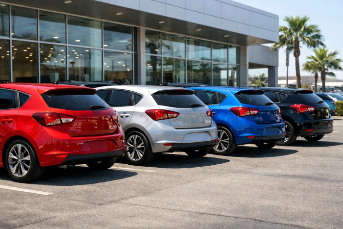 Carros hatch enfileirados numa concessionária. Falando sobre consórcio de hatch.