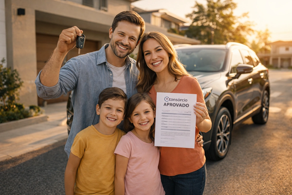 Família feliz ao conseguir sua SUV via consórcio. Um homem segurando as chaves do carro, sua esposa segurando o contrato e seus dois filhos, um casal. Atrás, o veículo. Falando sobre consórcio de suv.