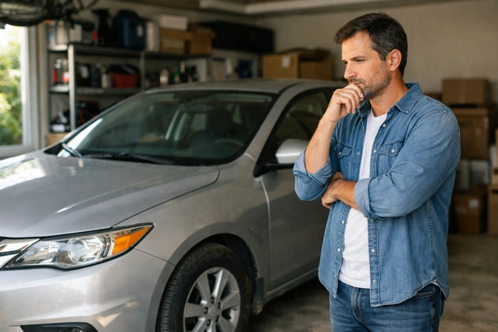 Homem reflete se consórcio para quem dirige pouco vale mesmo a pena na garagem da sua casa, ao lado de um carro.