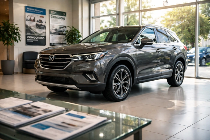 SUV cinza escuro dentro de um salão. Falando sobre consórcio de suv.