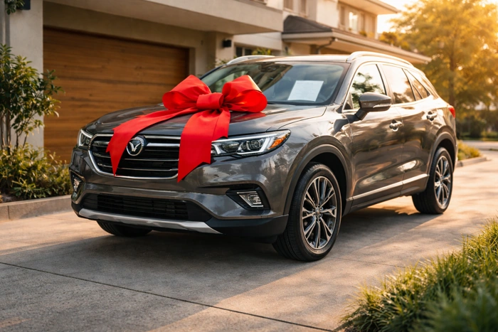 SUV cinza escuro com laço para presente. Falando sobre consórcio de suv.