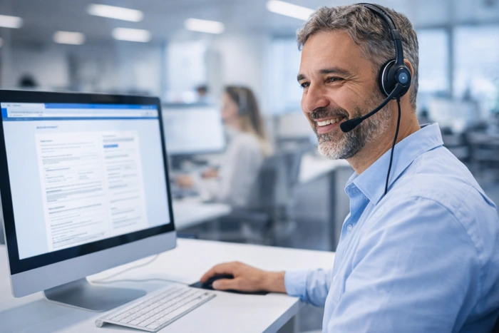 Atendente de clientes da Azul Seguros em pleno expediente. Ensinando como acionar o seguro azul para terceiros.
