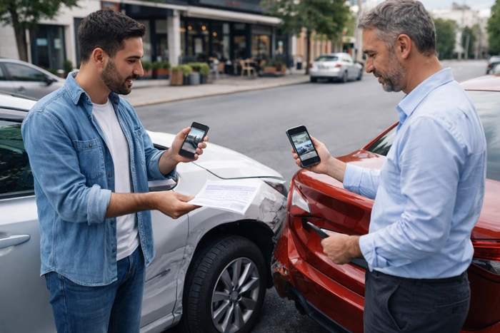 Dois homens, que acabaram de colidir seus carros, acionam o seguro no local do acidente. Ambos usam seus respectivos celulares. Ensinando como acionar o seguro azul para terceiros.