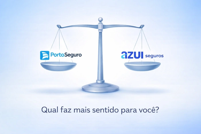 Balança simulando estar medindo em peso a Porto Seguro e a Azul Seguros. Há também a frase "Qual faz mais sentido para você?" Explicando qual a diferença entre porto seguro e azul.