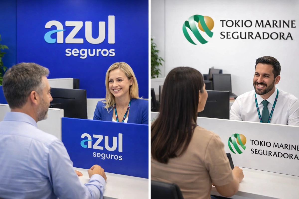 Perspectiva de homem e mulher buscando informações com atendentes da Tokio Marine e da Azul Seguros. Falando sobre qual seguradora é melhor azul ou tokio marine.