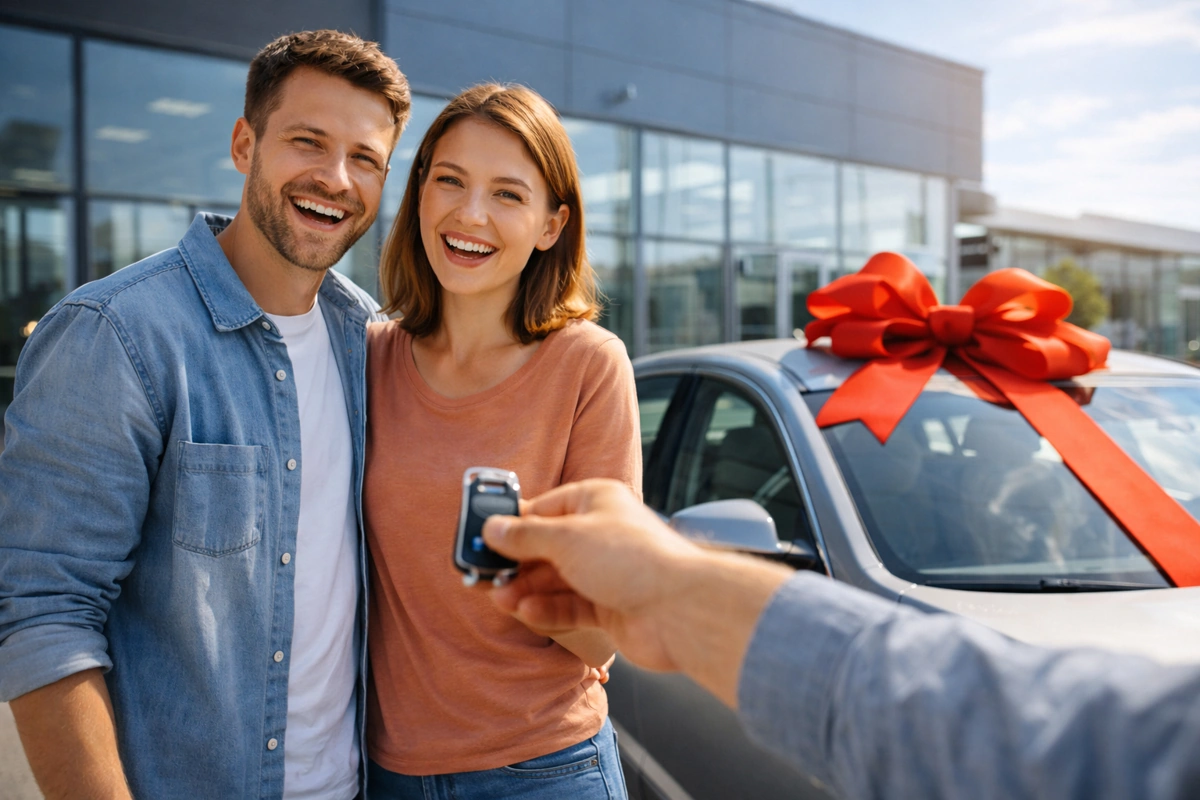 Casal sorridente recebe chaves de carro novo das mãos de vendedor. O carro está atrás, com laço de presente. Explicando quanto fica a parcela de um consórcio de 150 mil.