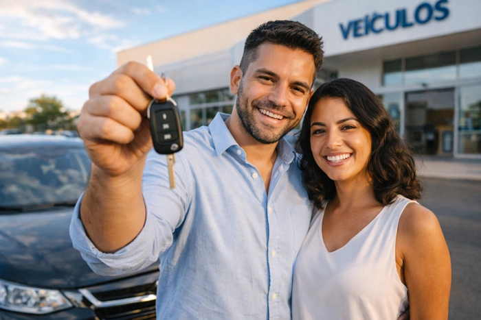 Homem exibe, sorridentemente, as chaves de um veículo. Atrás dele está o carro e a loja onde foi comprado. Falando sobre quanto fica a parcela de um consórcio de 200 mil.
