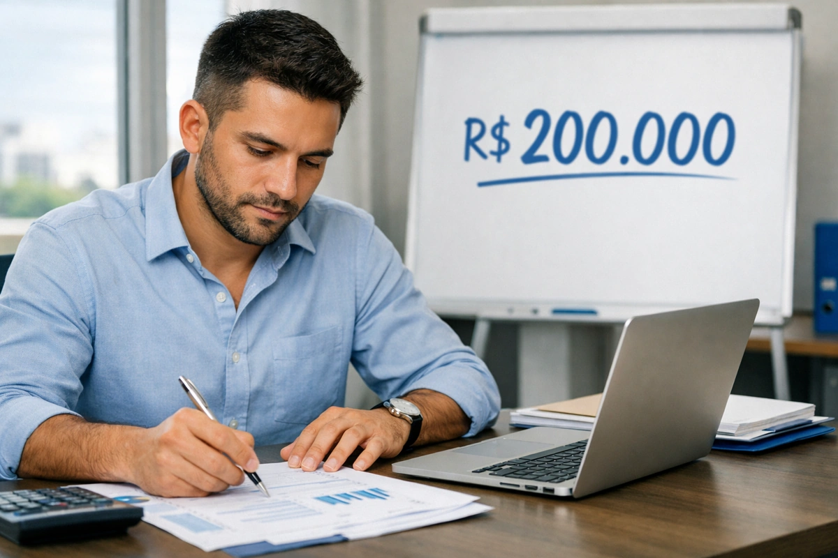 Homem faz cálculos usando alguns documentos e um notebook. Atrás dele há um quadro onde está escrito "R$ 200.00". Falando sobre quanto fica a parcela de um consórcio de 200 mil.