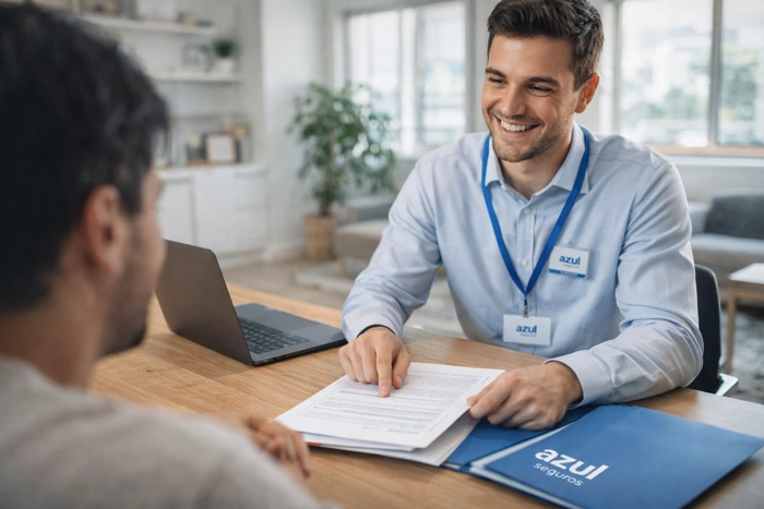 Corretor da Azul Seguros mostra detalhes a clientes. Explicando quanto tempo a azul seguros demora para pagar sinistro.