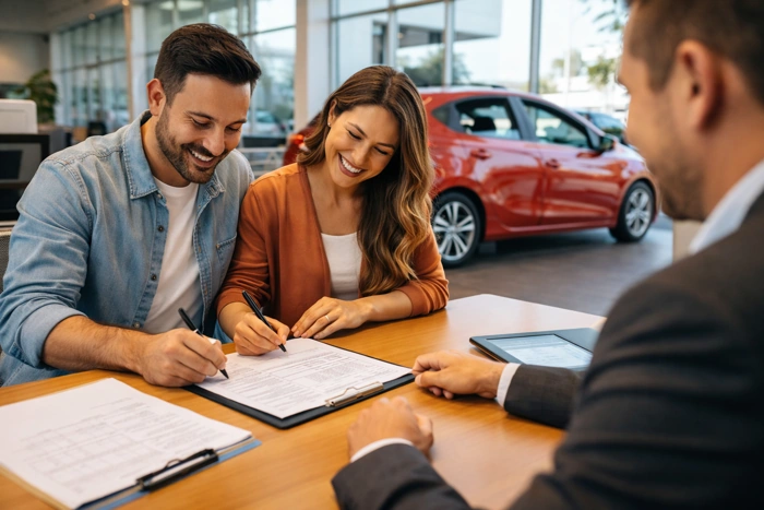 Casal assina contrato de consórcio. Falando sobre consórcio de hatch.